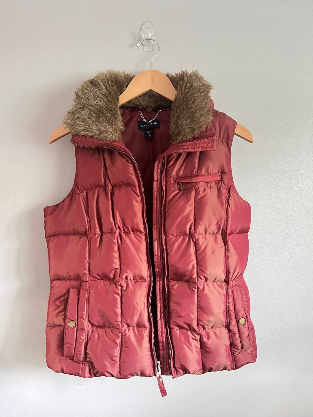 Lands' End Quilted Red Down-Blend Vest with Removable Trim